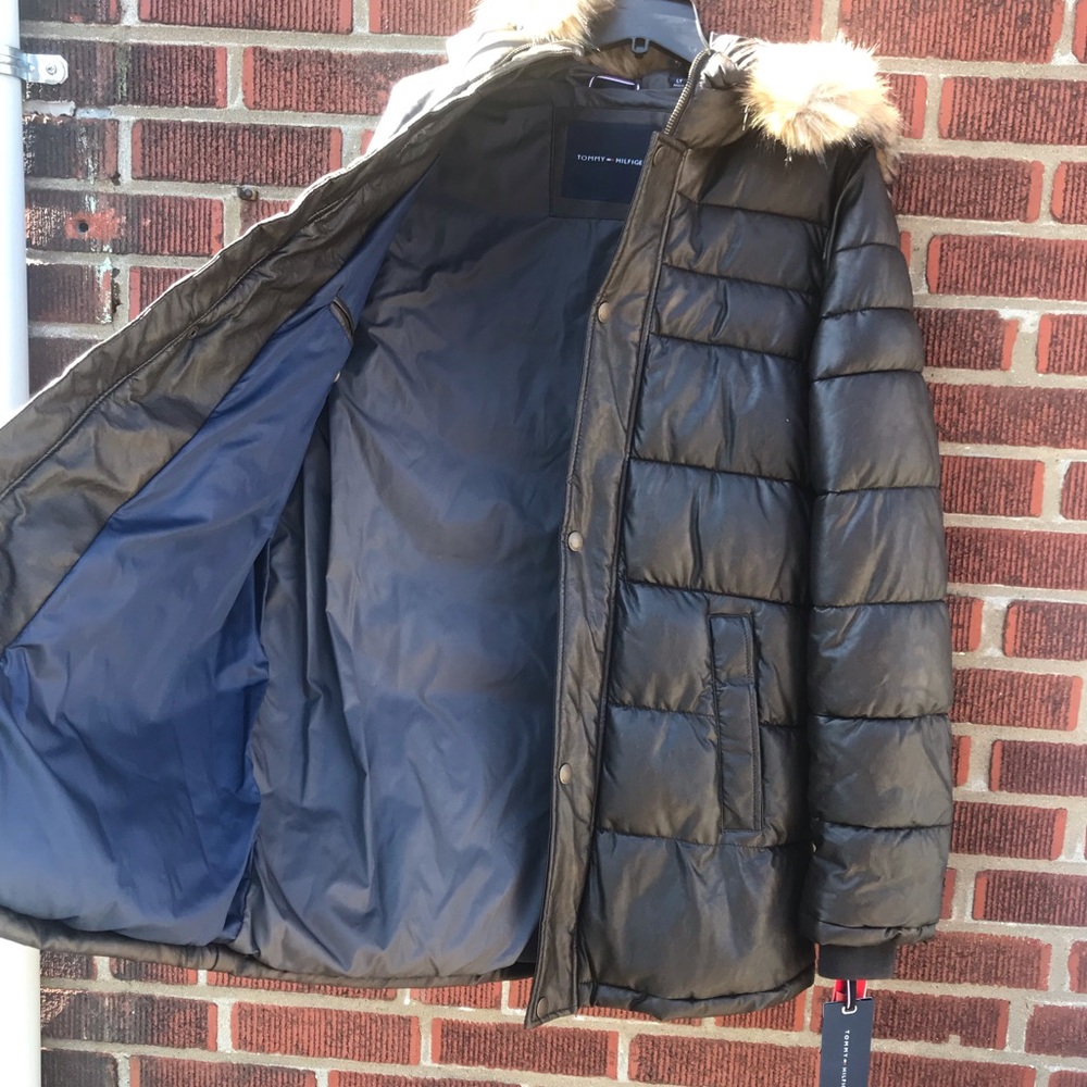 Tommy Hilfiger Leather Parka Winter Coat Fur Hood - Picture 7 of 8